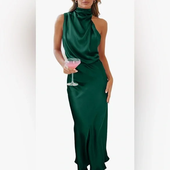 Stunning green satin / silk dress formal / cocktail party wedding - Picture 3 of 3